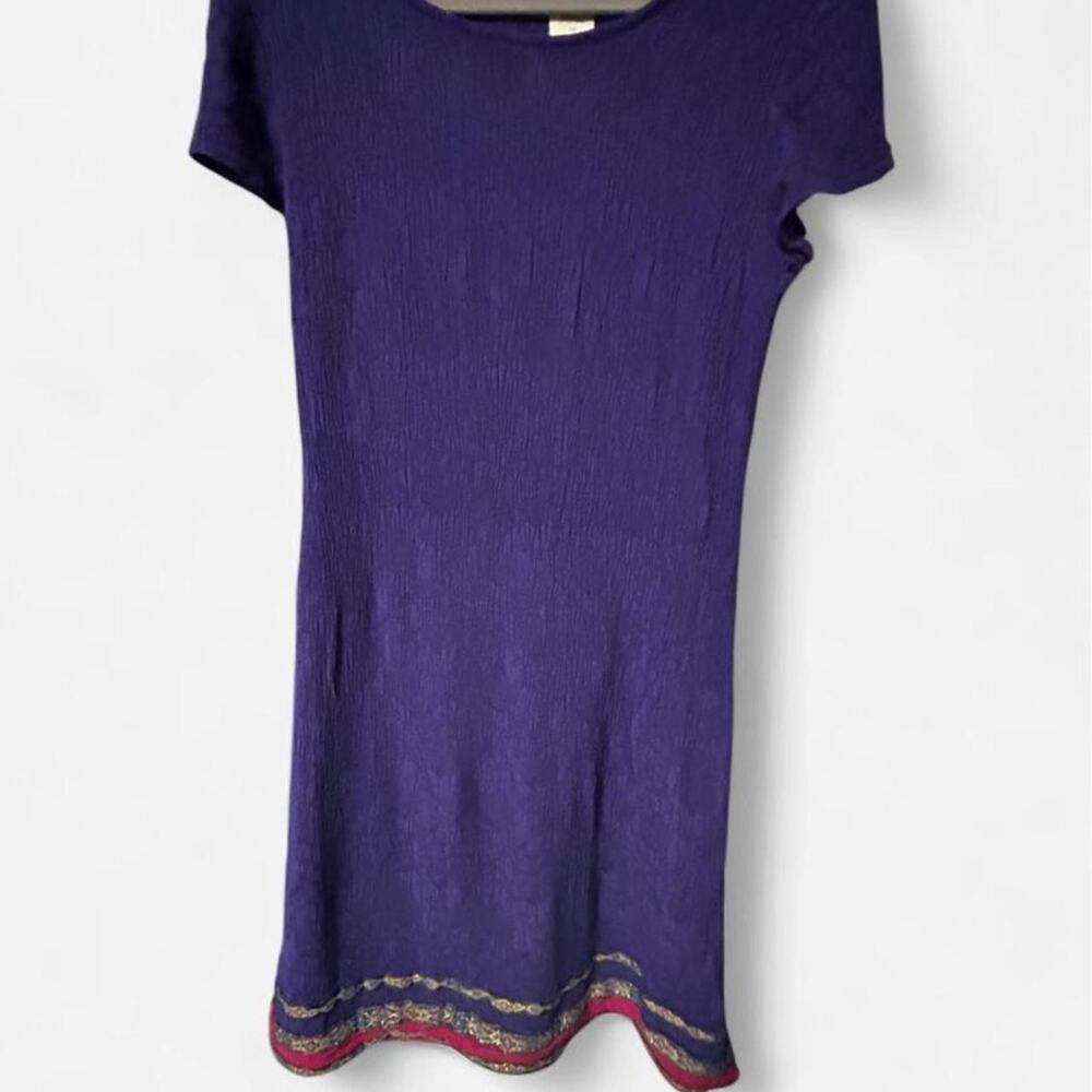 Small vintage midi 80s royal purple short sleeve dress gold Indian style ribbon